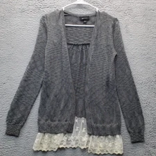 AB Studio Cardigan Sweater Women's S Gray Long Sleeve Lace Frill Hem Open Front
