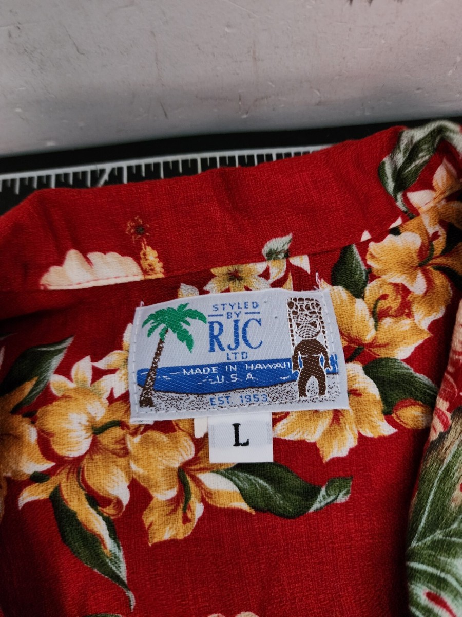 れい RJC Hawaiian Shirt Men's Size L Red Lei Print Button Up Aloha