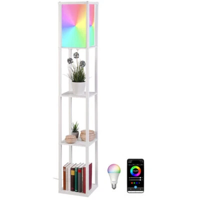 Lunartec Stehlampe aus Holz mit Regal, weiß inkl. Smarte WLAN-LED (RGB&CCT) - Bild 1 von 4