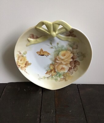VTG 5 1/2'' Porcelain Heart by Helen Andrews. Hand Painted Flowers & Yellow Bow