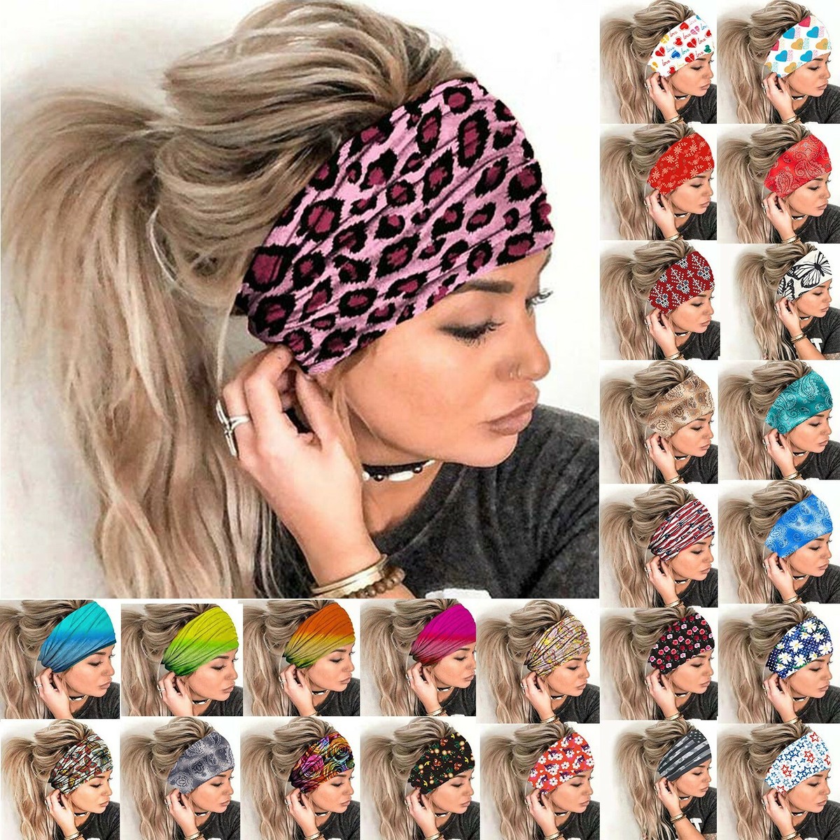 XFSRG 9er Set Sport Stirnbänder Damen - Leopard Print, Antirutsch, Elastisch Für Fitness & Yoga