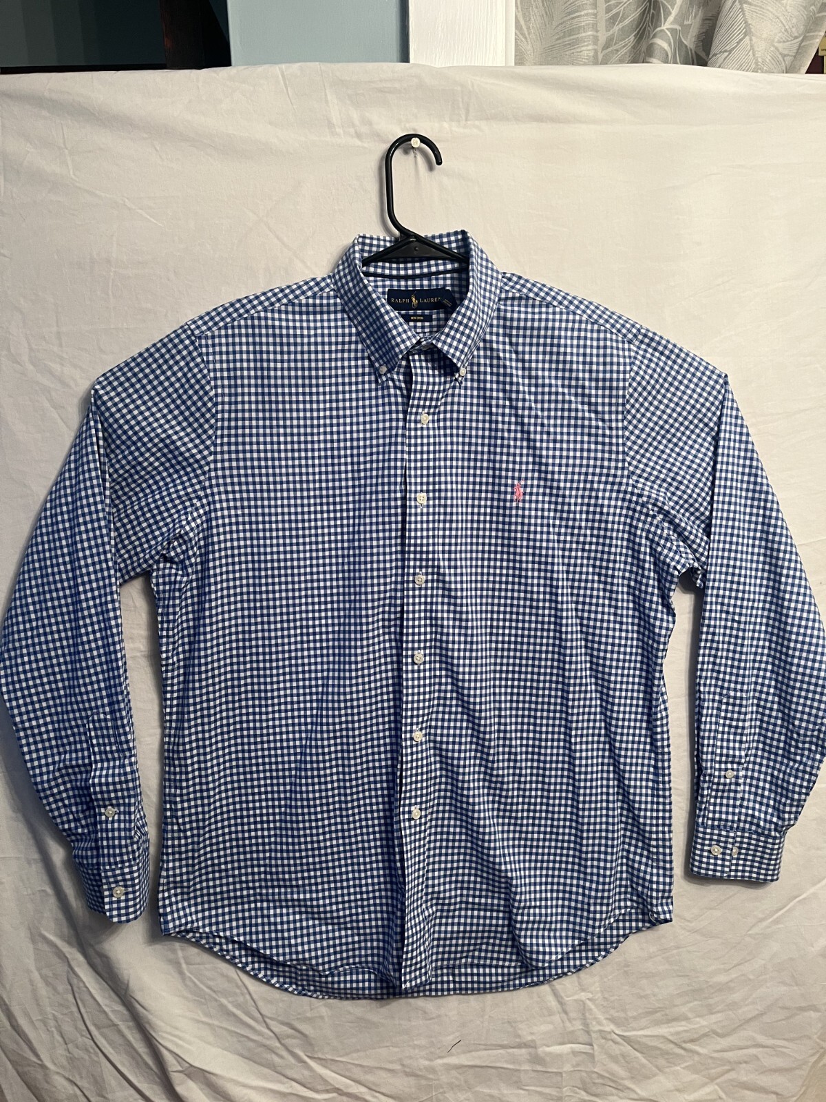 Ralph Lauren Mens Large Plaid Blue White Cotton Button Down RN