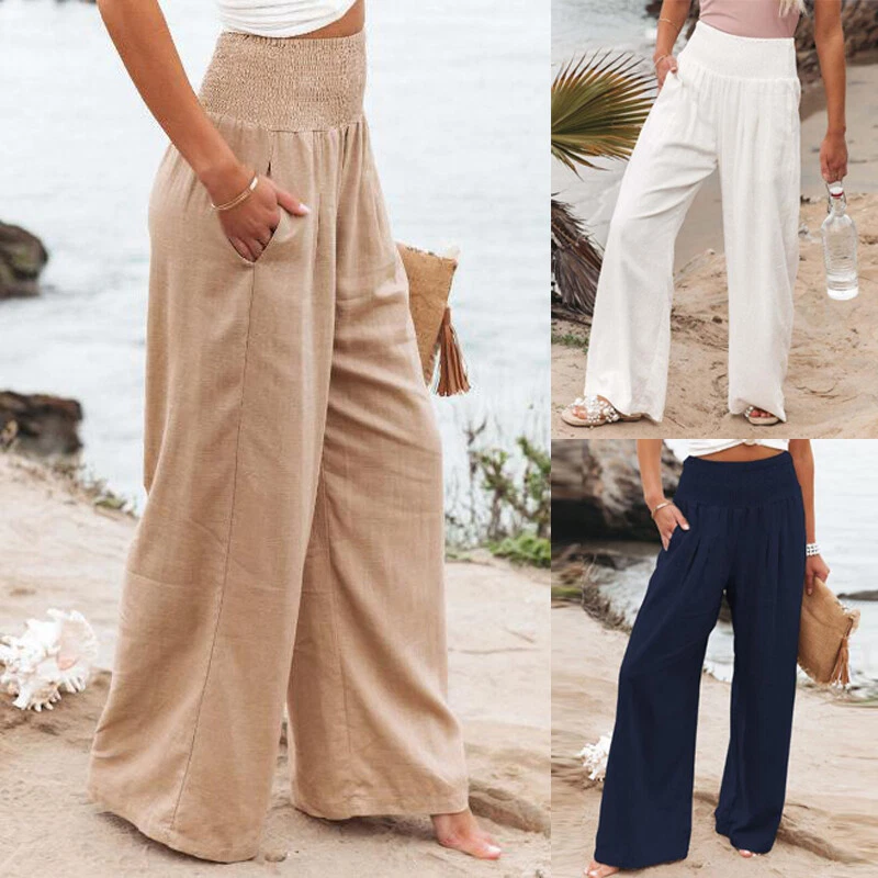 Casual Cotton Linen wide leg Beach pants bohemian loose pants female  vintage high waist Solid color straight trousers women