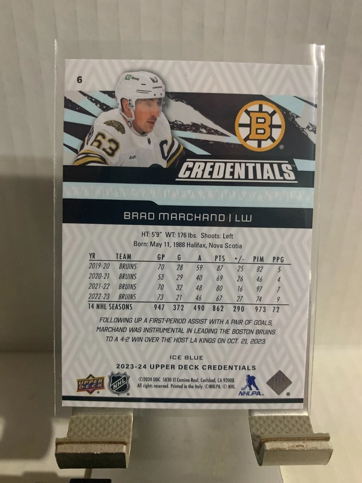 2023-24 Upper Deck Credentials Ice Blue Brad Marchand #6 Boston Bruins - Image 2 of 2