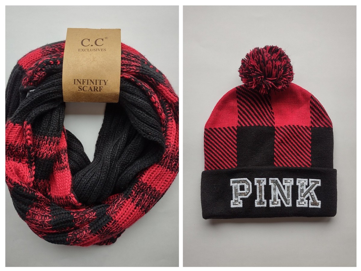 NWT Victoria\'s Secret  Pink & Red Pom Pom Beanie and Red Plaid Scarf Set Buffalo Plaid Winter Wear Set VS PINK Knit Pom Pom Beanie  main image 2