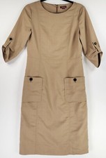 Osborne Dress Womens Beige Medium Front Pockets Roll Tab Sleeve Midi Vintage