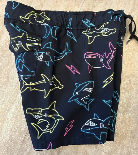 Hurley All over Neon Sharks/ Logo Black swim trunks/ board shorts boys size 4. - Picture 5 of 6