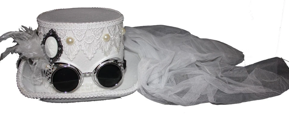 Deluxe Velvet 5.5" Steampunk Glasses Victorian Top Hat Cameo Veil Feathers 1 Siz - Image 2 of 4