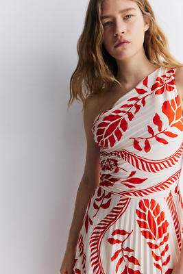 H&M Plissiert ein Schultertrger Kleid Rot Wei Blumenmuster Midi Creme M  10 6 | eBay