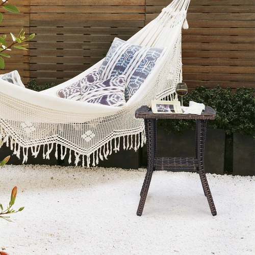 Outdoor Wicker Side Table,Rattan End Table with Glass Top,Patio Coffee Bistro US - Picture 7 of 9