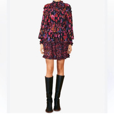 NWT FARM RIO Iridescent Leopard Print Ruffled Mini Dress In Multi Color size XS