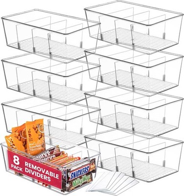 Clear Pantry Organizer Bins 8-Pack - Fridge Organizer with 3 Removable Divide...