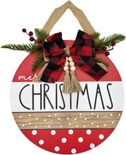Merry Christmas Sign for Front Door,Round Wood Hanging Wreaths Red