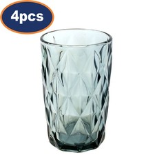 Highball Drinking Glass 400ml Smoke Grey Tumbler Diamond Cut Pattern Modern 4Pcs