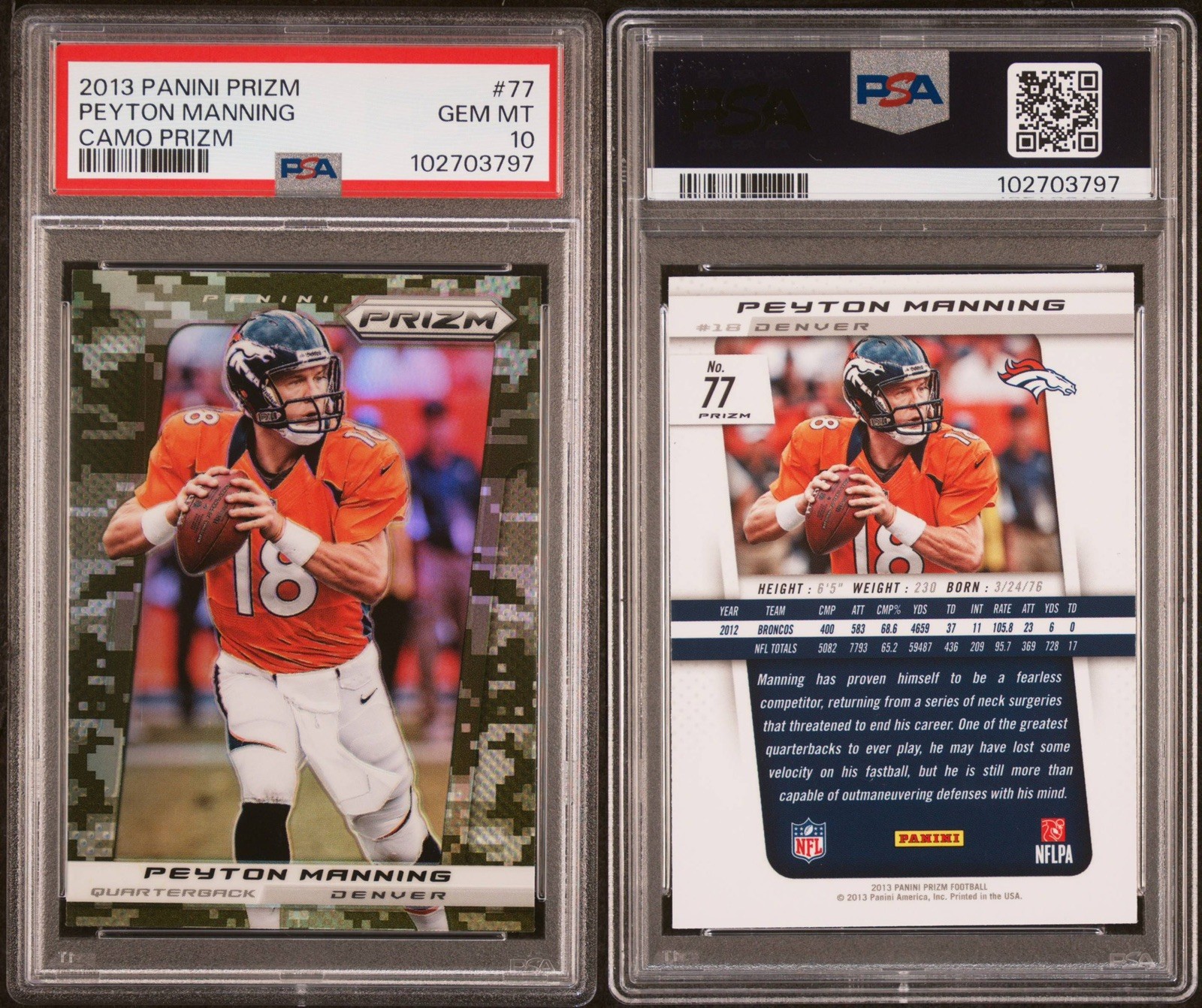 2013 Panini Prizm Camo Peyton Manning #77 PSA 10 Denver Broncos POP 12 SSP