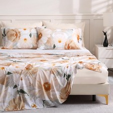 Queen Size 6 Piece Gold Painted Flowers Bed Sheet Set Deep Pocket Beige