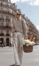 H M Silver Sequin Wide-Leg Trousers   NWT