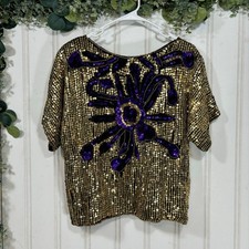 Vintage Sequin Top MEDIUM Gold Purple Beaded Party Retro 90s Festive Glam