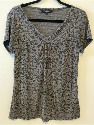Briggs New York Large Gray Paisley Blouse Stretch V Neck Ruched Top