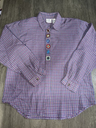 Koret City Blues Petites Women's Sz Med Purple Checkered Aztec Textured Blouse