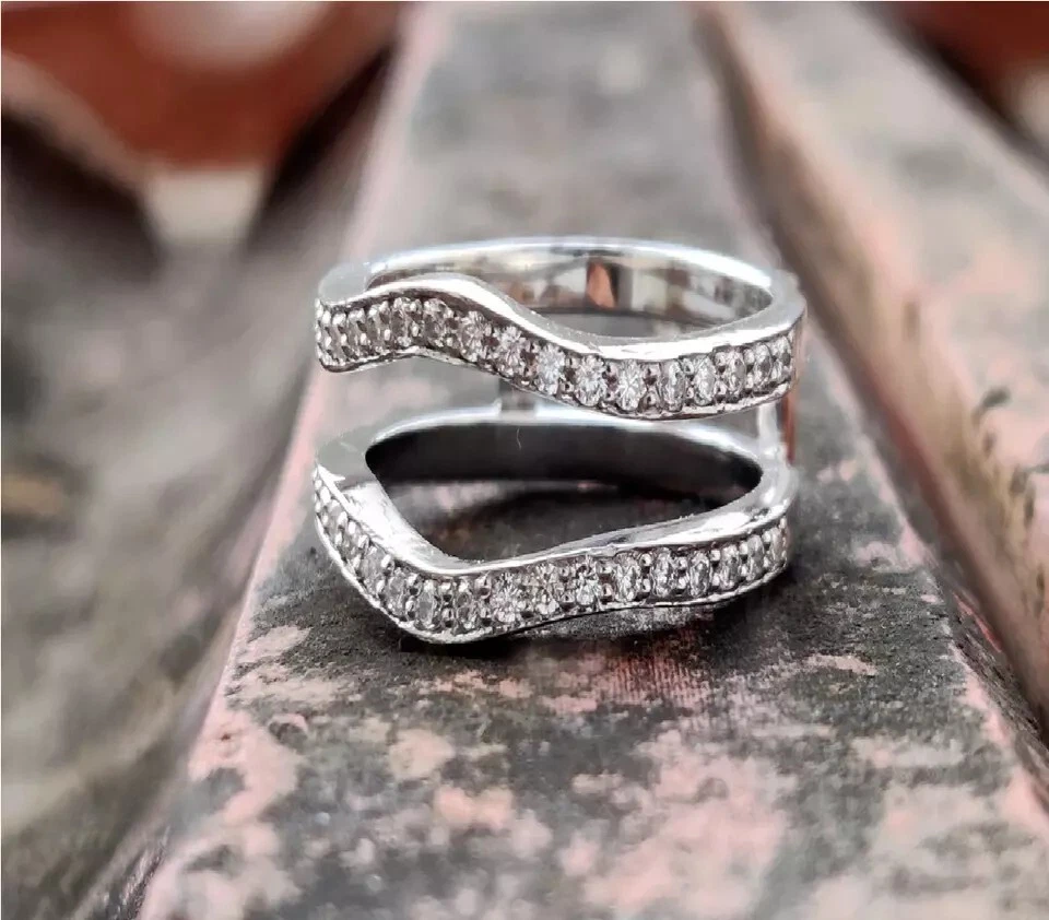 Moissanite Enhancer Guard Wedding Band 0.90 Carat Round Cut Solid 14K White Gold - Image 2 of 4