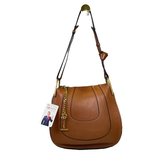 Chloe Haley Calf Skin Medium Equestrian Brown Bucket 2 Way Crossbody Purse Bag
