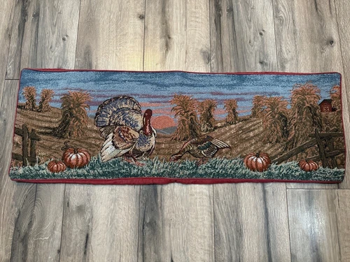 Thanksgiving-Themed Woven Tapestry Table Runner Turkey Pumpkin Design 13"x34" Au