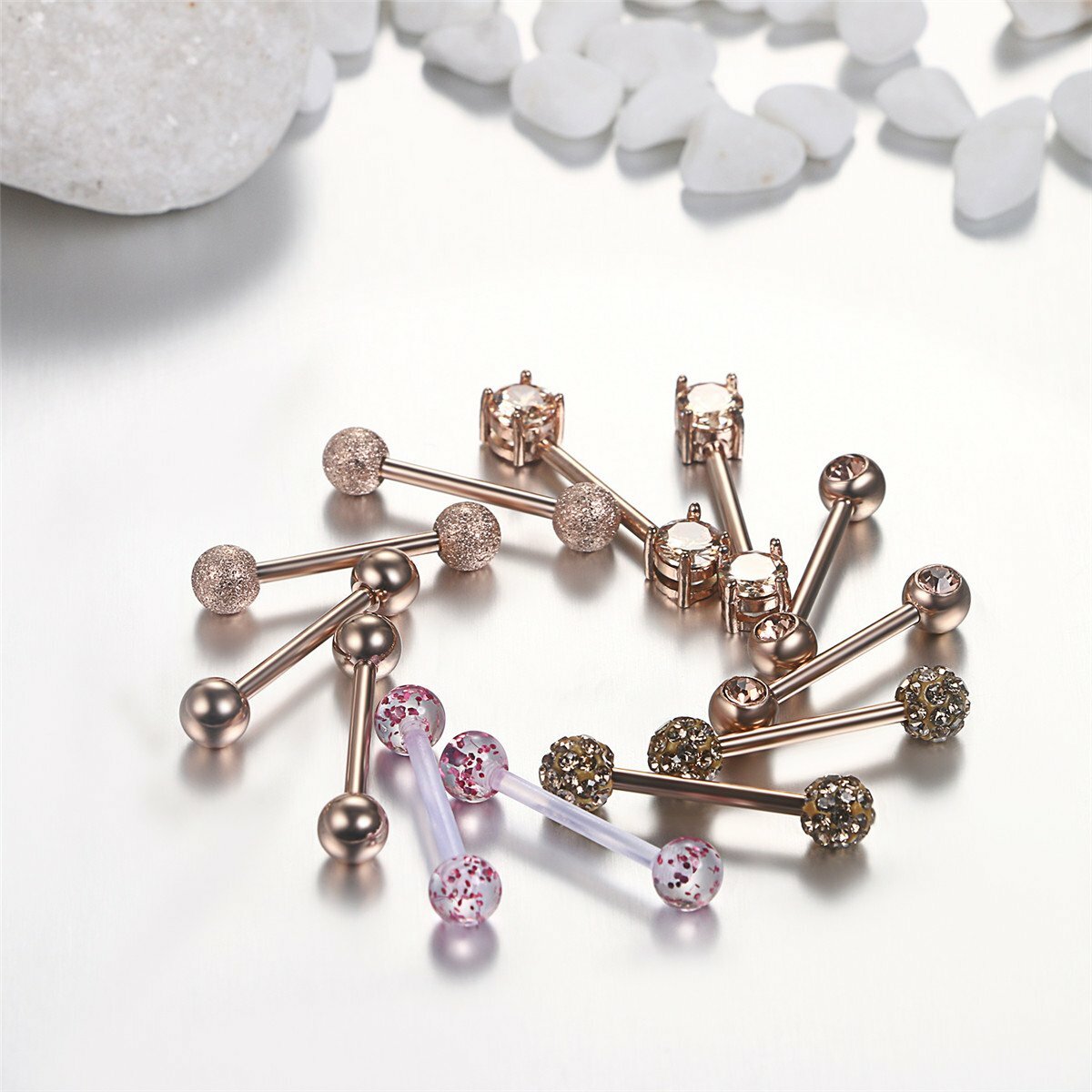 12 Piece Surgical Steel Tongue Ring Barbell Set - 14G (1.6mm) Body Piercing Jewelry