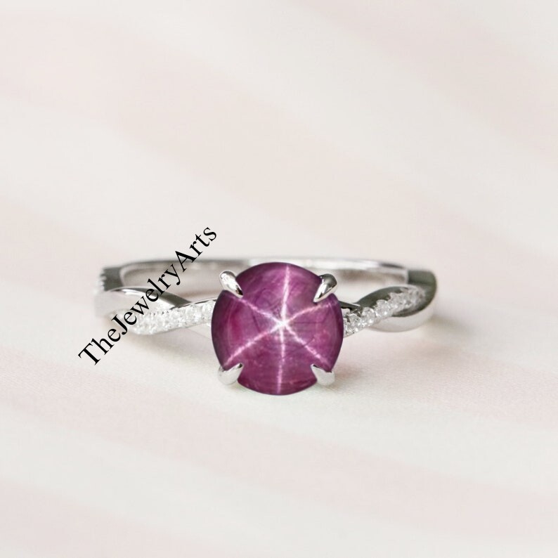 Vintage Star Ruby Ring, Engagement Ring, 925 Sterling Silver, Red Ruby Ring