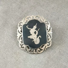Vintage Siam Niello 925 Brooch Sterling Black Enamel Filigree Etched Dancer Pin