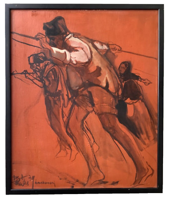 Henri Bernard Signed - French Modernism - Oil on Canvas - Barge Haulers Volga