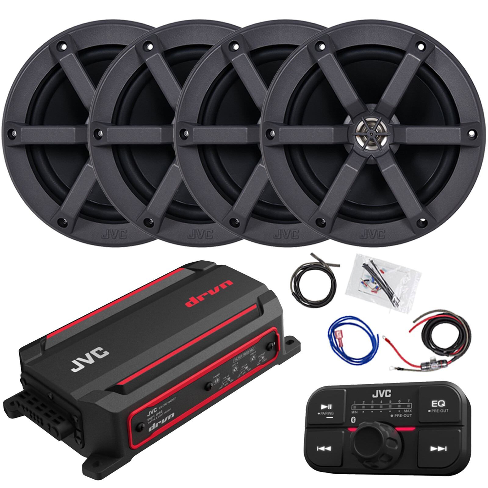 JVC KSDR2104DBT 600W Bluetooth Amp w/Remote, Amp Kit, 4x JVC