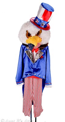 Uncle Sam/Eagle Mascot Costume 6Pc R/W/B Tail Coat Pant Shirt Front Head & Hat M