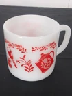 Vtg FEDERAL Milk Glass Coffee Mug D Handle White & Red Folk Art  Heat Proof