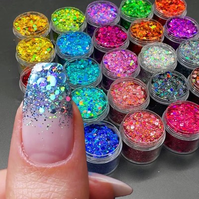24 Colors Holographic Chunky Glitter 24 Colors Total Laser Nail Glitter Flakes