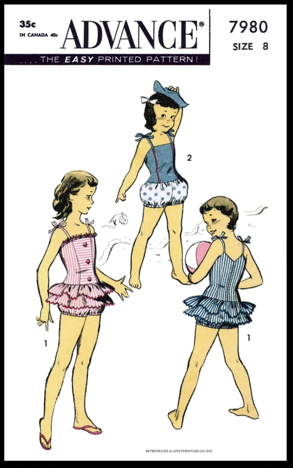 ADVANCE 7980 Girl's Swimsuit Beach Romper PLAYSUIT Sunsuit Sewing Pattern 6 OR 8 - Image 4 of 4