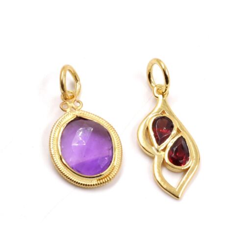Solid 925 Silver Gold Plated Jewelry Amethyst Garnet Gemstone Combo  Pendant Set - Picture 1 of 4