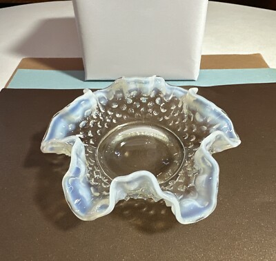 Fenton Pearl Blue Tint Opalescent Glass Hobnail Ruffled Edge Candy Dish 5.75 