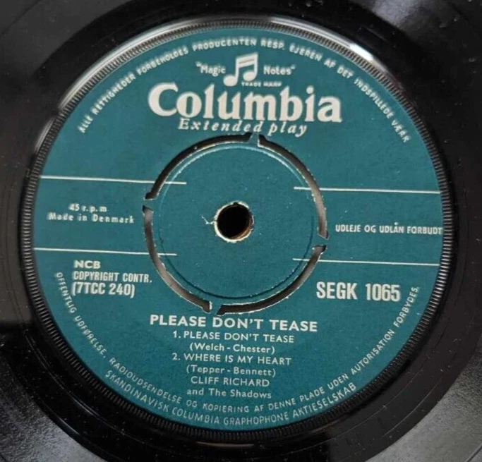 CLIFF RICHARD/SHADOWS DANISH 7" vinyl EP - " PLEASE DON'T TEASE " 1960 Foto 4 de 4