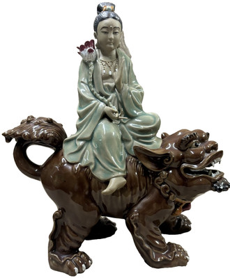 Guanyin Kwan Yin on Qilin Foo Lion Glazed Ceramic Figurine Asian Statue