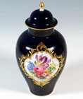 MEISSEN Lidded Porcelain Vase Cobalt & Gold Bouquet Painting Height: 24.5 CM