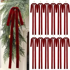 Janinka 12 Pcs Burgundy Long Velvet Bow Ornaments Christmas Swag Wine Red 