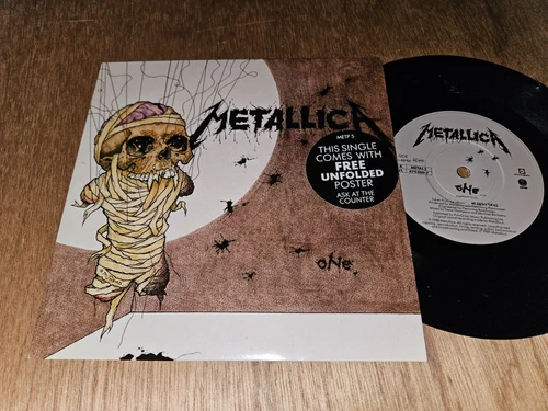 METALLICA-ONE b/w SEEK AND DESTROY-1989 VERTIGO METP5 7" P/s HYPE STICKER-Nm/Ex+