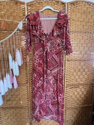 Free People Lennon Button Front Boho Patchwork Maxi Dress 