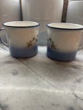 2 tazas de café Cinsa vintage Saltillo México, azul, blanco esmalte floral