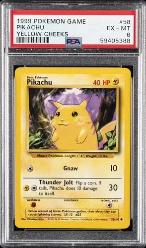 1999 POKEMON BASE SET UNLIMITED YELLOW CHEEKS #58 PIKACHU PSA 6