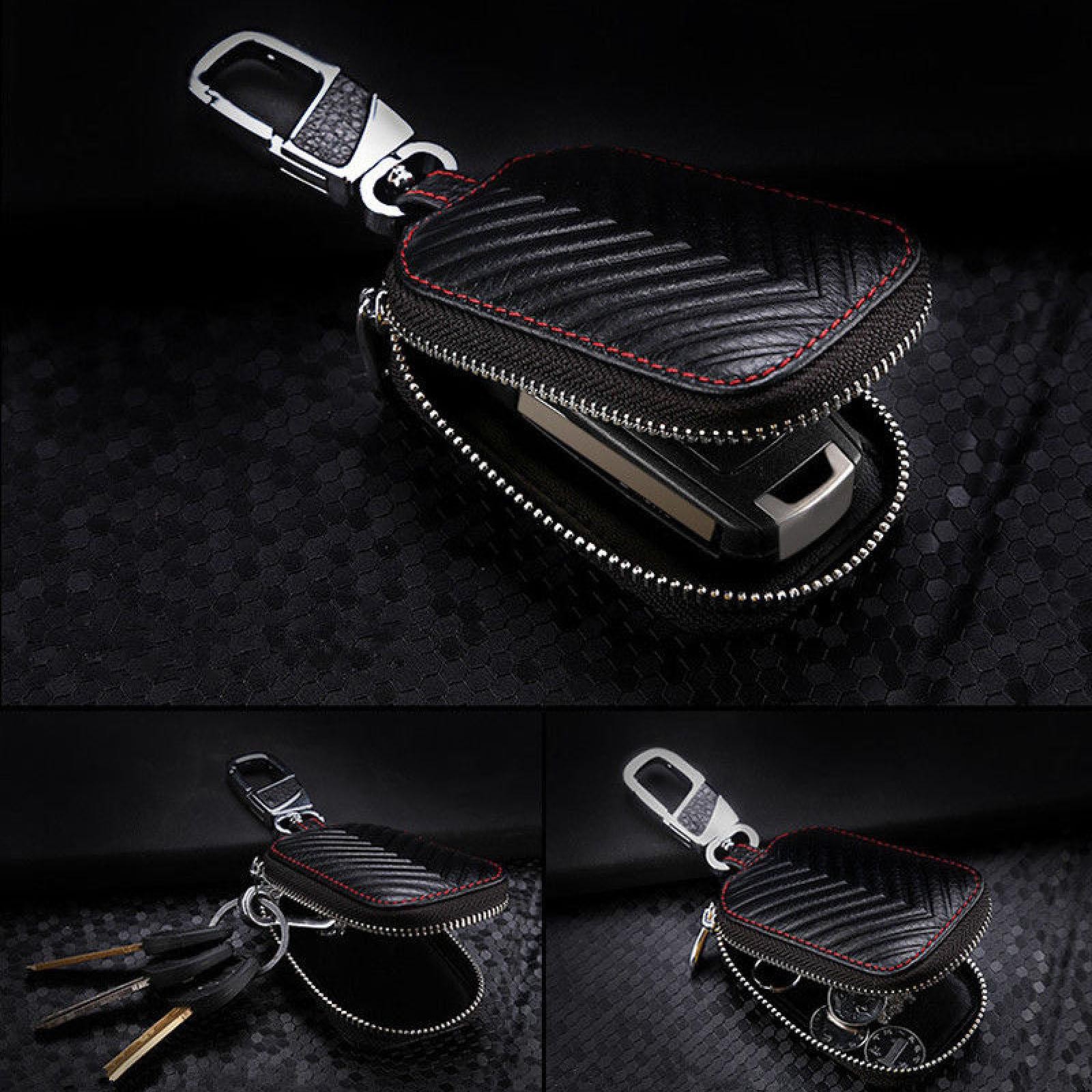 8.5x5x2cm Leather Car Key Protective Bag Holder Cover Zipper Case with Keychain