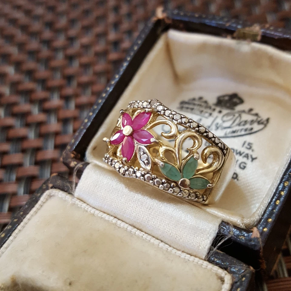 Gold Plated Sterling Silver Ring Ruby Emerald Sapphire UK Size P / US 7.5 /EU 56 - Image 2 of 4
