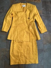 Vintage 80s Rescala 100 Linen Yellow Skirt Suit Set Shoulder Pads Size 8