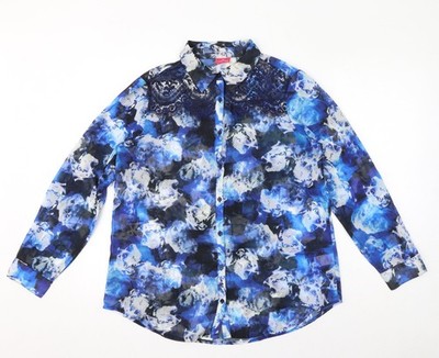Together Damen blau geometrisches Polyester Basic Knopfleiste Größe 12 Kragen - Spitze